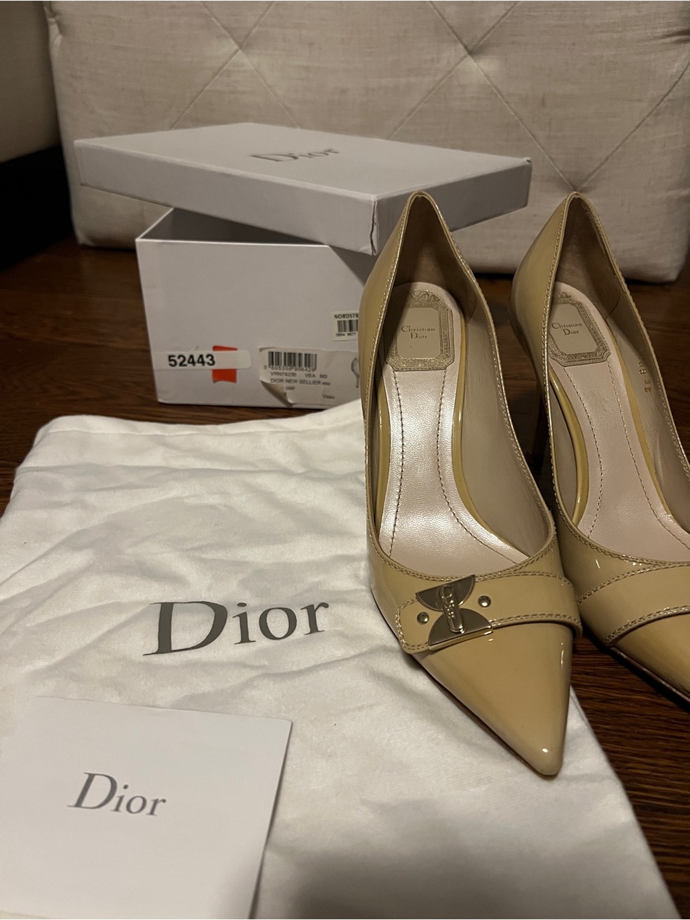 Dior Tan Patent Leather Pointed-Toe Pumps with Signature Metal Accent